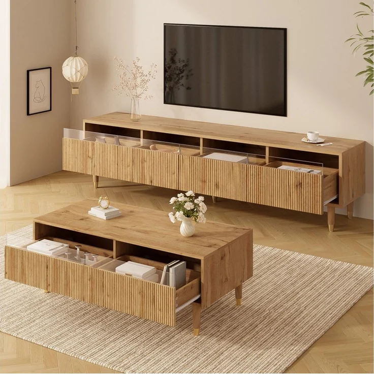 STILVORA Sideboard mit Lowboard&Couchtisch,Möbelset Wohnzimmerset mit LED&Acrylfront (TV-Schrank+Wohnzimmertisch, 2 St, Couchtisch 110x50x40cm + TV-Ständer 178x35x45cm), Wellenstruktur und Acrylfronten, Gold-Design – Bild 2