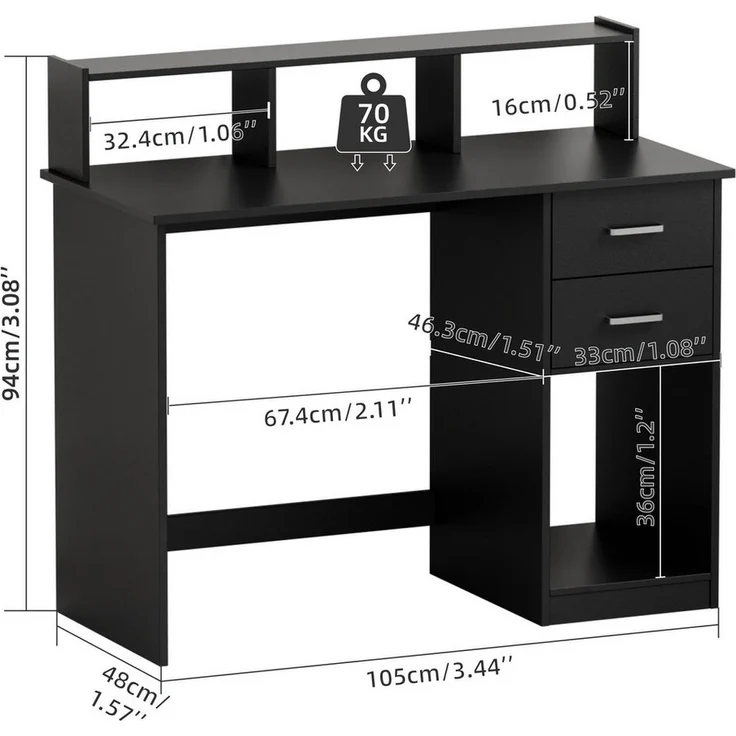 Mondeer Schreibtisch Computertisch, mit 2 Schubladen, Regal & Schrank 105x94x48cm Schwarz – Bild 3