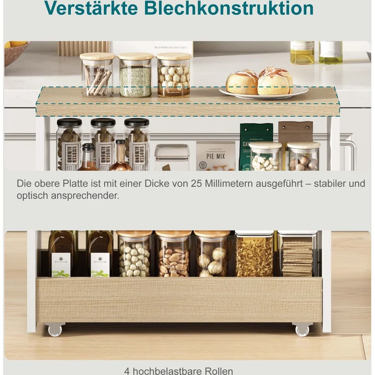 ZUBALIYA Nischenwagen 55 x 20 x 85 cm – 4 verstellbare Fachböden, 4 Lenkrollen, 25 mm Oberplatte, Geländer, MDF, Weiß, Naturfarben – Bild 4