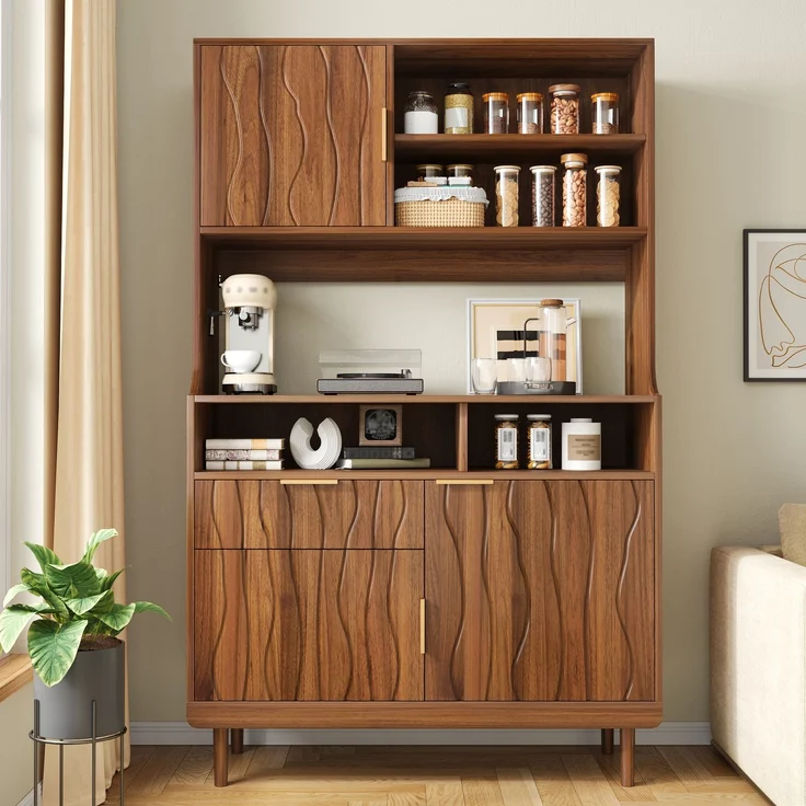 Sideboard,Hochschrank Küchenschrank Buffet Schrank Stauraumschrank mit Schublade Türen offene Regale MDF PB Holzschrank mit Massivholz Füßen--Nussbaum--100x32x170cm--YOUDENOVA – Bild 2