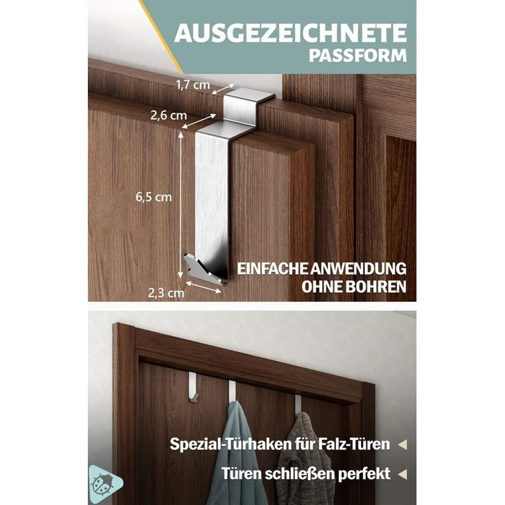 Lindenstein Türhaken Türhaken Innenseite Premium, Türen, (Packung, 6-St, 6), Ohne Bohren, rostbeständig, formstabil, belastbar – Bild 3