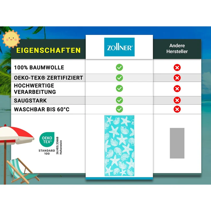 ZOLLNER Strandlaken, 100% Baumwolle, 90x180 cm, türkis mit Meerestieren – Bild 5