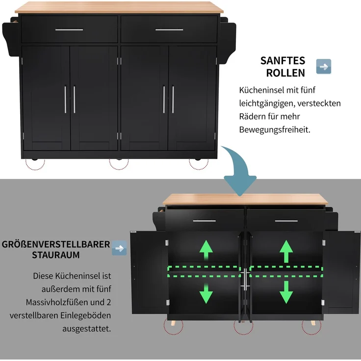 Servierwagen mit klappbarer Tischplatte, 120x46(70)x91 cm, Schwarz, mit Rollen und austauschbaren Holzbeinen, ideal für Küche und Esszimmer – Bild 6