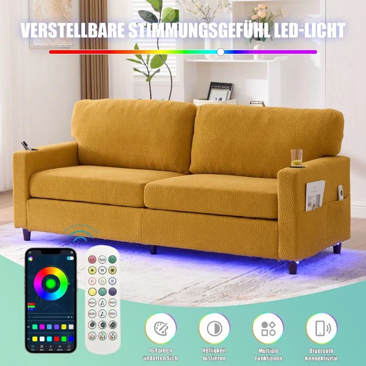 Zweisitzer Chenille-Sofa 203x77,5x86 cm – USB-C, LED-Ambiente und Getränkehalter in Senfgelb – Bild 7
