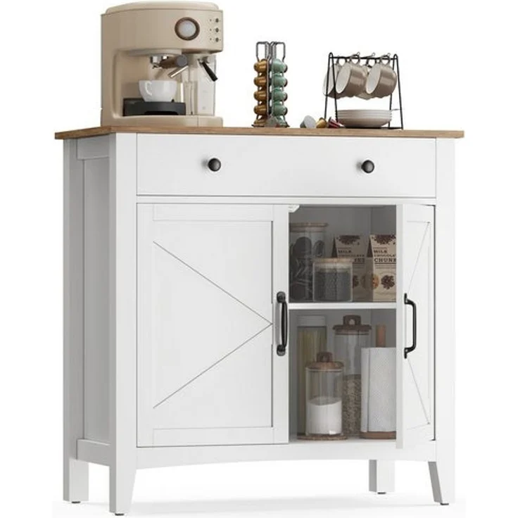 VASAGLE Küchenschrank, Sideboard mit Schubladen, Aufbewahrungsschrank mit Türen, verstellbare Ablage, Landhausstil, für Wohnzimmer Küche, 40 x 80 x 80 cm, wolkenweiß-honigbraun BBKDE341W02 – Bild 1