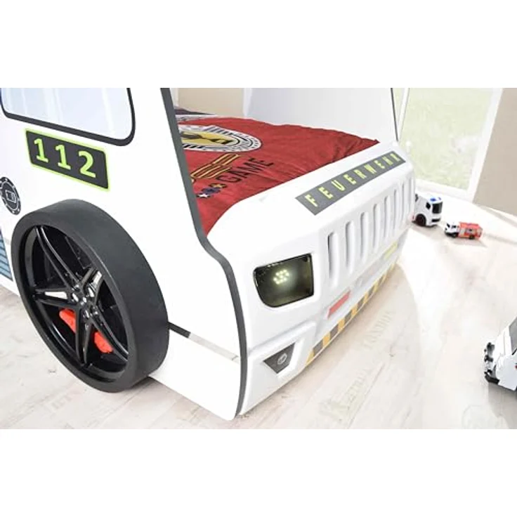 Autobett Kinderbett 90x200 Feuerwehrbett "Rio Firetruck" Hochglanz mit LED Leuchte Weiß – Bild 9