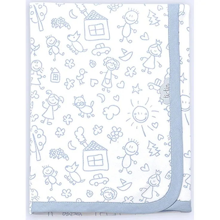 Ti TIN - weiche, saugfähige Babydecke, 80x75 cm | Krabbeldecke aus 100% Baumwolle mit doppellagigen Stoff, Babydecke fürs Auto, Wiege, Kinderwagen, Babyschale, etc, Kinder-Motiv, blau