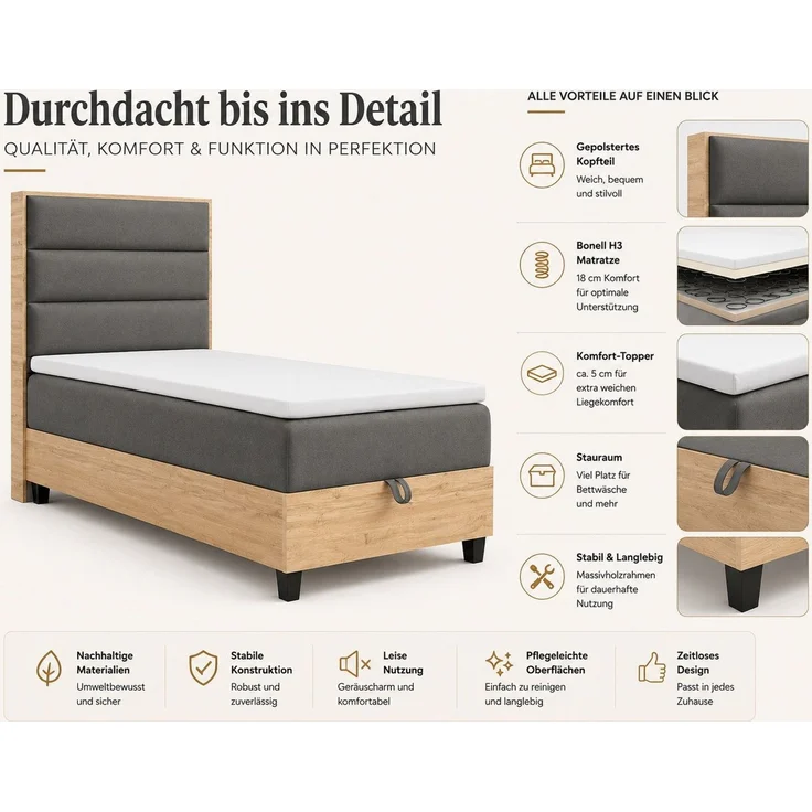 Best for Home Boxspringbett Trinity K-1 Einzelbett mit Bettkasten, Bett mit Komfort Topper T-5cm (Bett, Polsterbett mit Stauraum, Jugendbett, Kinderbett versch. Größen, 4-St, 70x200 80x200 90x200 100x200 cm), Verschiedene Liefermöglichkeiten, TOP Preis... – Bild 3