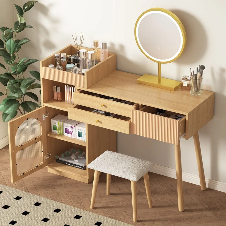 Schminktisch Make-up Tisch Set mit hochauflösendem LED-Spiegel, 3 Schubladen, Seitenschrank mit transparentem Regenbogenglas, Naturfarben – Bild 3