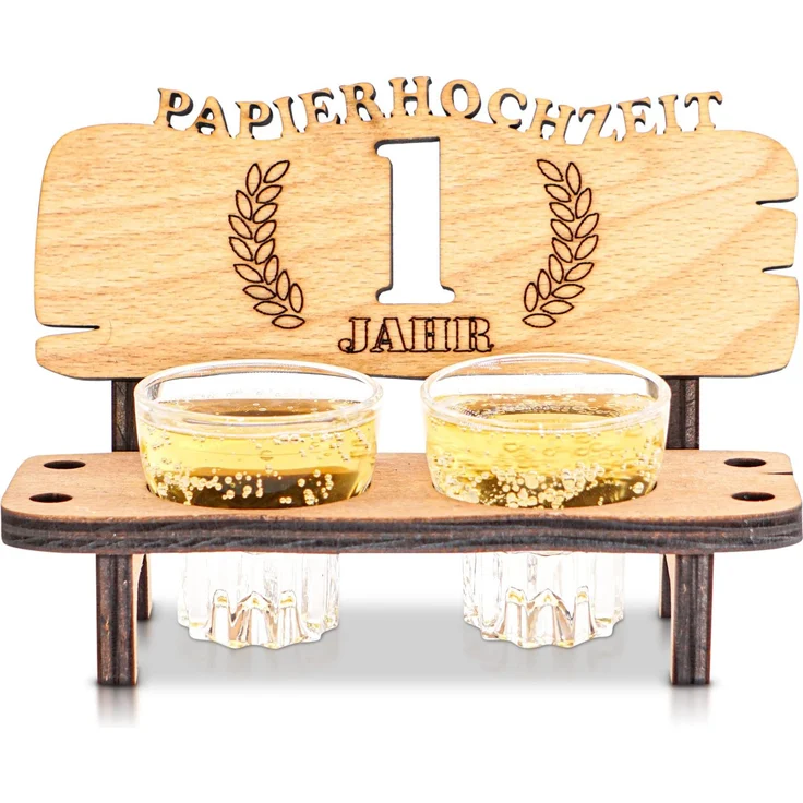 DARO Design - Schnapsbank 1. Hochzeitstag Papierhochzeit Geschenk Deko für Paare Männer Frauen aus Holz mit Gläsern