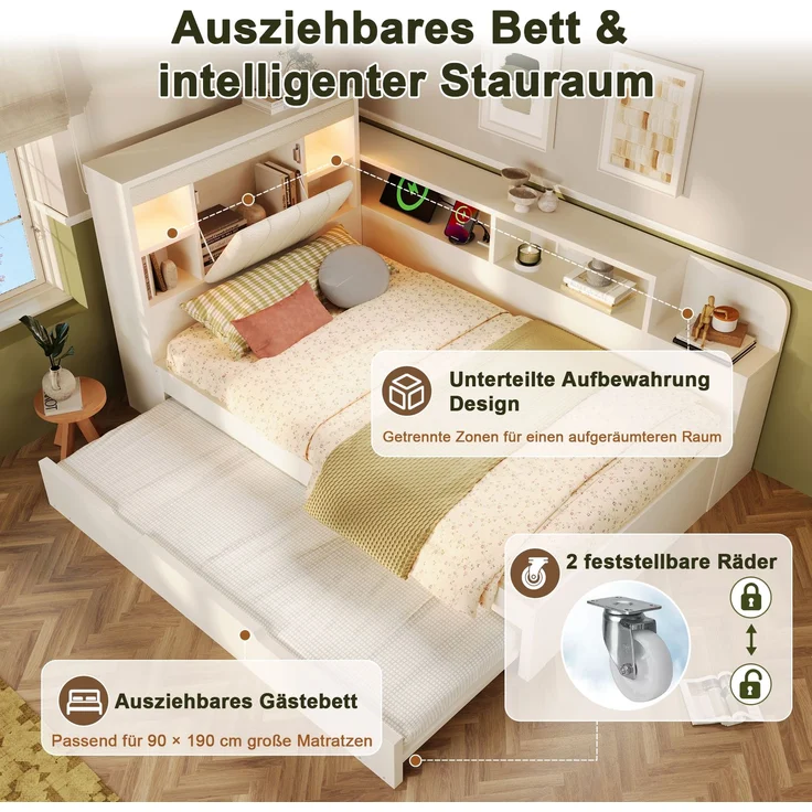 Ausziehbett 140×200 cm mit Zusatzbett 90×190 cm, gepolstertem Kopfteil, Weiß, ohne Matratze – Bild 7