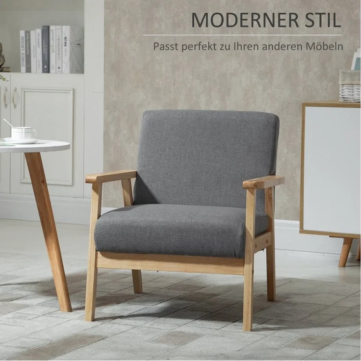 HOMCOM Relaxsessel Loungesessel mit Armlehnen in Leinenoptik (Esszimmerstuhl, 1-St, Ohrensessel), Grau, 64 x 70 x 72 cm – Bild 3