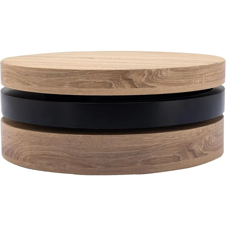 Vente-unique - Couchtisch rund - drehbar - 1 Ablagefach - MDF - Schwarz & Holzfarben hell - JANITA