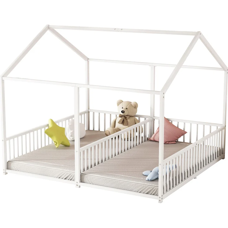 Hausbett Kinder Etagenbett 90x200cm Metallbett mit Geländer und Leiter,Zwillingsbett Doppelbett für Kinderzimmer, stabiler Metallrahmen,Weiß – Bild 7