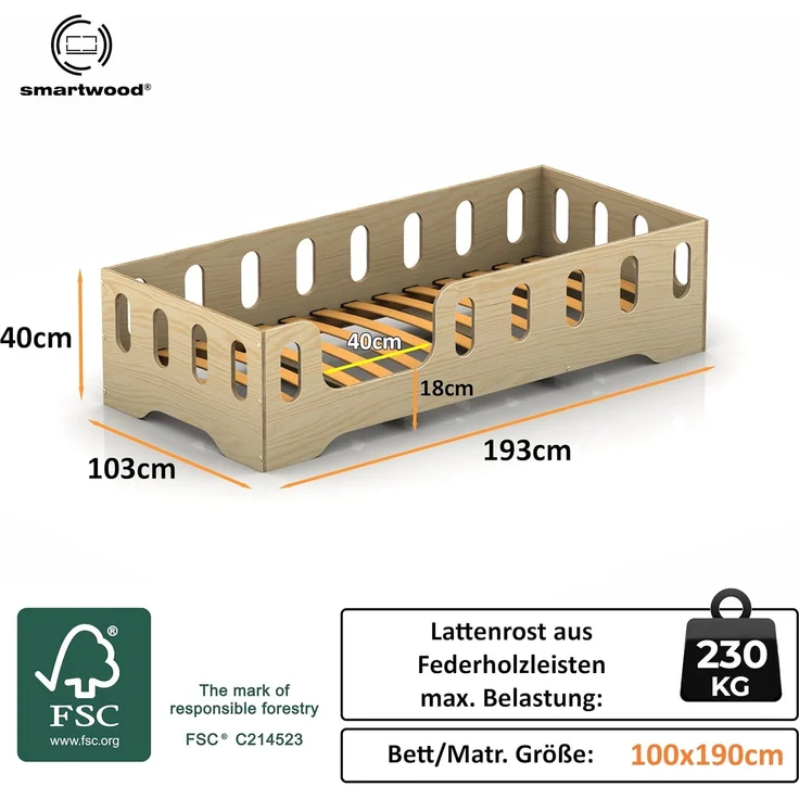 smartwood Kinderbett Bodenbett 100x190 mit Rausfallschutz & Lattenrost - Rosa - Kinder Montessori Bett TILA 2L mit glatten Kanten - Betten für schnelle Montage - Bis 230 kg belastbar – Bild 2