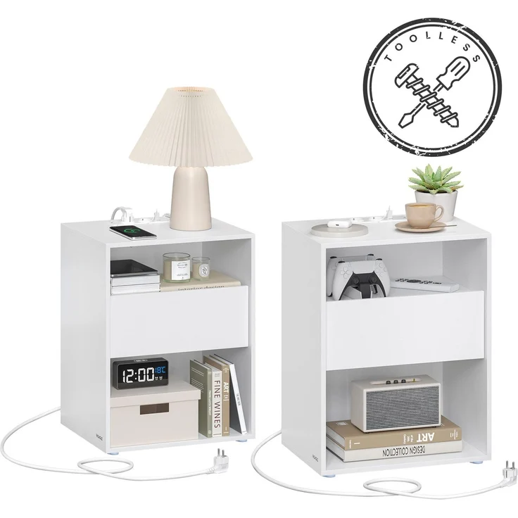 Vasagle Toolless-Technologie, superschnelle werkzeuglose Montage, Nachttisch 2er Set, Beistelltisch mit Ladefunktion, Nachtschrank mit Schublade, modern, Schlafzimmer, Wohnzimmer, mattweiß LETDE776W01 – Bild 1