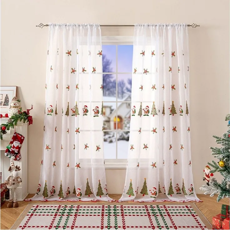 FOUORTUNATE-BEE Vorhang Weihnachtsvorhänge 2er-Set 130×245 cm mit gesticktem Deko-Motiv, Transparente Weihnachtsvorhänge mit Baum- und Santa-Stickerei