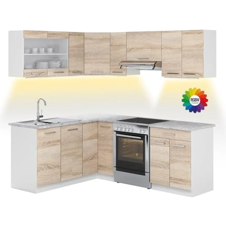 Eckküche Rick Weiß/Sonoma 207 cm , AP Marmor mit LED-Leisten Vicco – Bild 2
