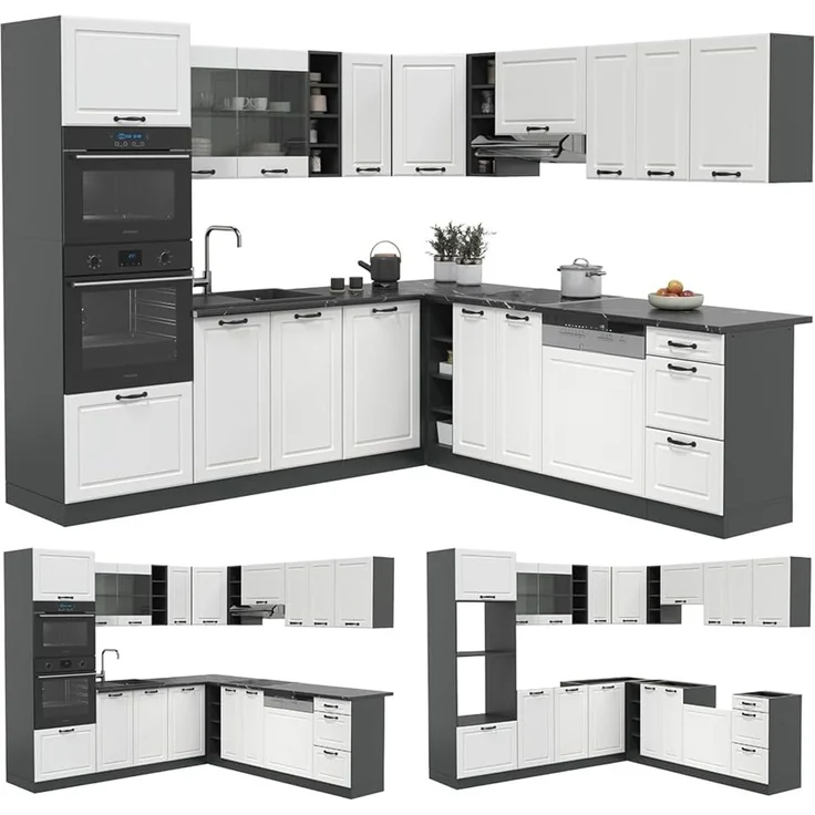 Eckküche R-Line Weiß Landhaus/Anthrazit 247 x 237 cm ohne Arbeitsplatte Vicco – Bild 6