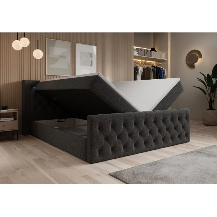 thematys Boxbett LED mit Bettkasten 140x200cm, mit Bonnellfederkernmatratze H3, Bouclé/Velours, mit Stauraum, mit 3 cm Topper, Dunkelgrau (Quelle 92), Art.-Nr. S04JN0YRJ1H – Bild 2