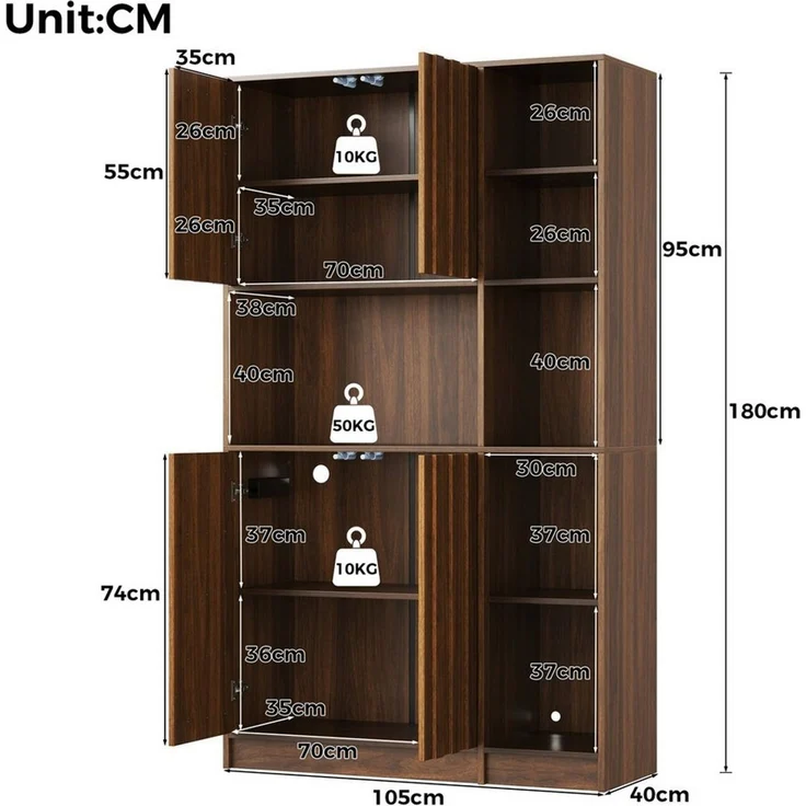 Odikalo Hochschrank Küchenschrank Sideboard mit LED, Küchenregal mit Steckdose (Küchenschrank Hochschrank 4-stöckiges vertikales Auszieh-Gewürzregal Weinregal und Vitrine 180 × 105 × 40 cm) – Bild 3