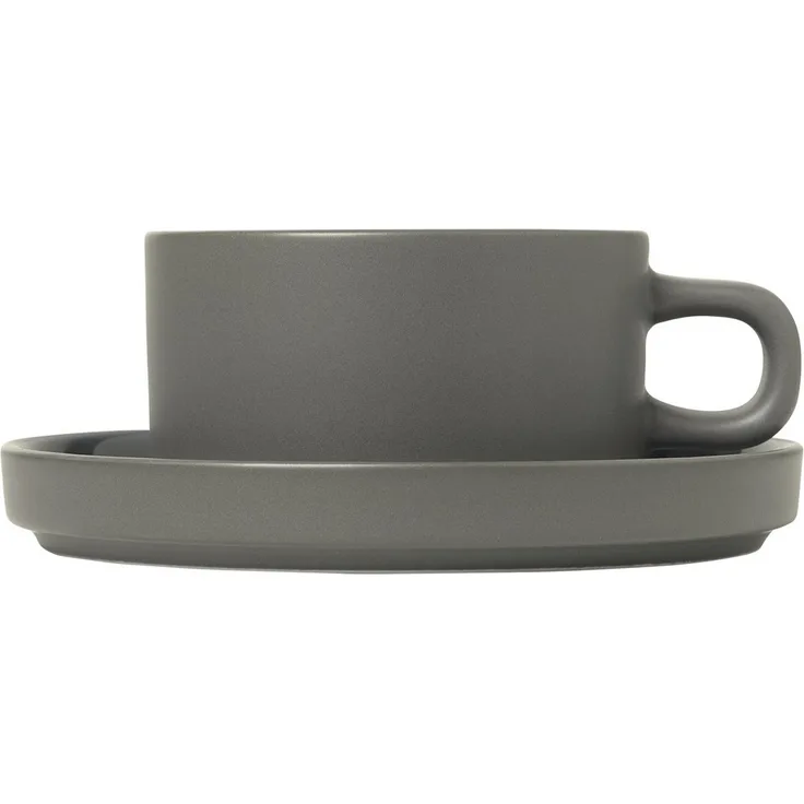 Blomus Pilar Set 2 Teetassen mit Untertasse, Tasse, Becher, Henkelbecher, Keramik, Pewter, 200 ml, 63975