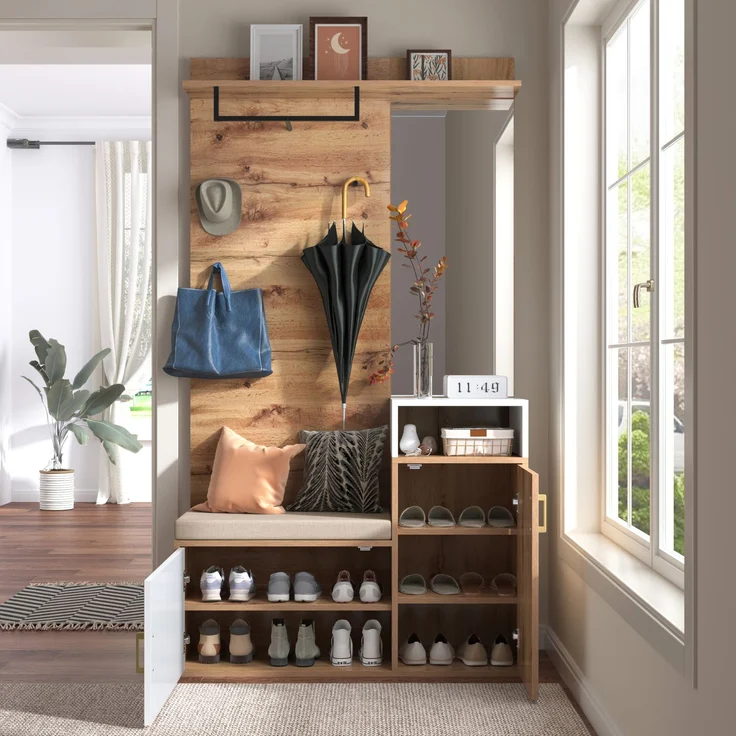 Garderobe Schuhschrank Flurmöbel 105 cm Weiß Holz - Mit Spiegel, Sitzbank, Haken & Stange, höhenverstellbar – Bild 5
