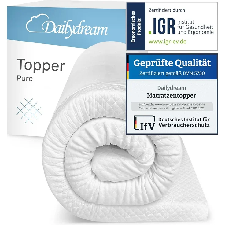 Dailydream “Model M“ viscoelastischer Matratzentopper mit Memory Foam Effekt, Weiß, 90 x 190 x 5 cm