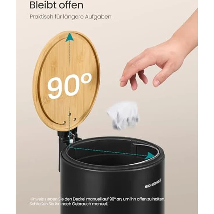 SONGMICS Kosmetikeimer, Mülleimer Bad, mit Deckel aus Bambus, Tretmülleimer mit Metallpedal, Inneneimer herausnehmbar, Softclose, für Badezimmer, 6 Liter, tintenschwarz LTB116BZ01 – Bild 6