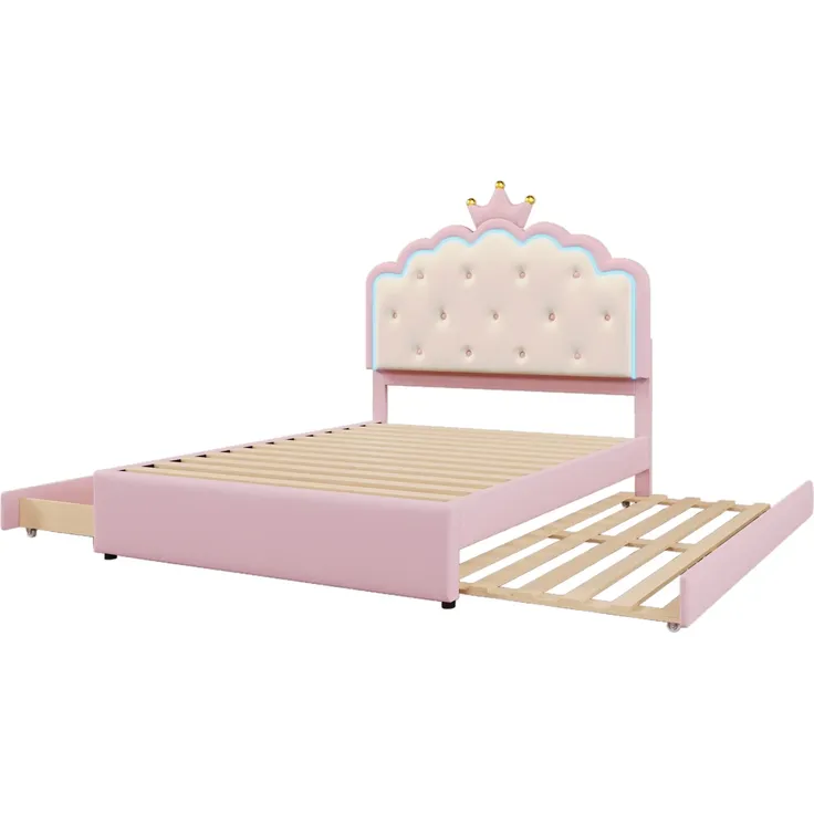Prinzessinbett mit LED-Beleuchtung, Gästebett und Schubladen, Mädchenbett, Polsterbett für Mädchen, Doppelbett, Kunstleder, 140x200cm – Bild 7