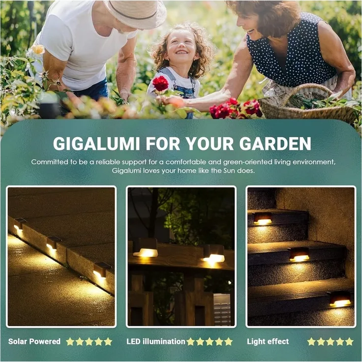 GIGALUMI LED Solarleuchte Solarlampen 16er Set LED Außenleuchten für Garten & Treppen, LED, Warmweiß, Automatisches Licht bei Dämmerung, wetterfest, einfache Montage