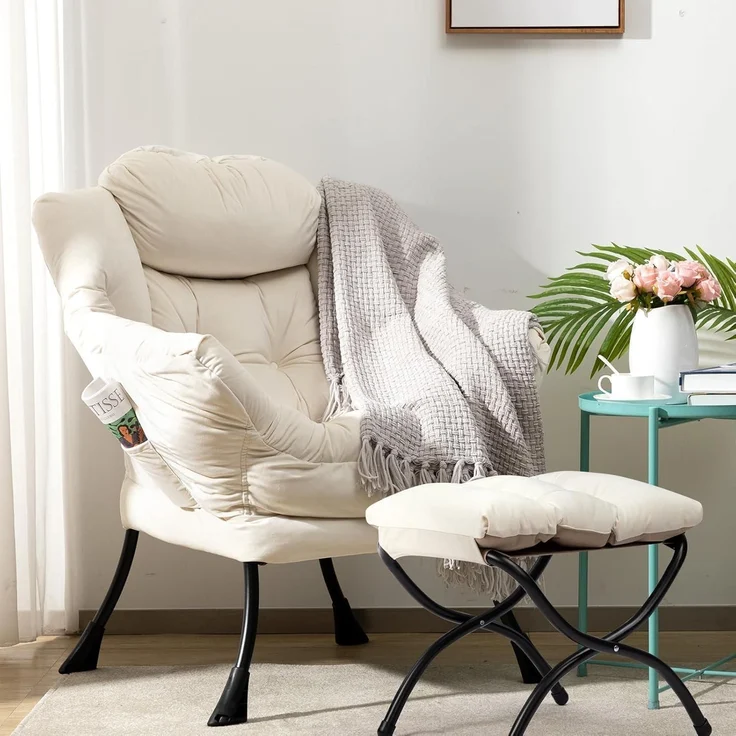 Sessel Ohrensessel Hocker Samt Lesesessel Beige mit Fußhocker – Bild 4