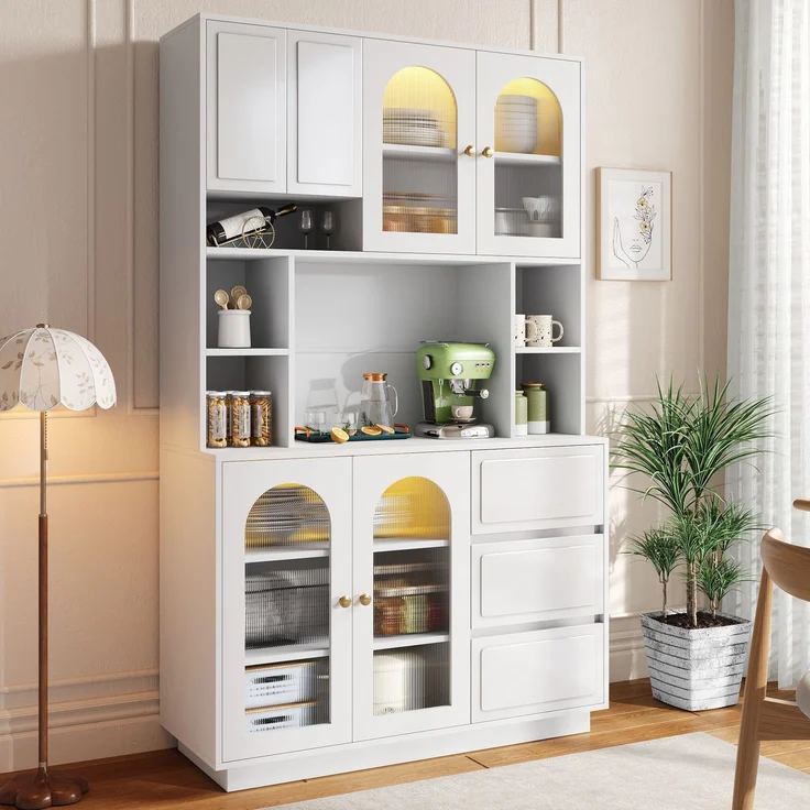 Merax Hoher Sideboard Schrank, Küchen Staurschrank mit Bogen-Acryltüren, Bar-Schrank mit offenen Fächern, Schrank mit APP-gesteuerter farbverstellbarer LED-Beleuchtung, Weiß – Bild 3