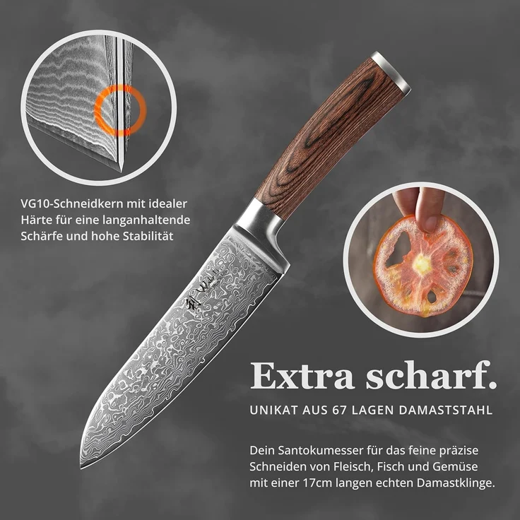 Wakoli Santokumesser EDIB Sakura Damast Santoku Messer Küchenmesser 17 cm Klinge, aus 67 Lagen Damaststahl, VG-10 Kern – Bild 3