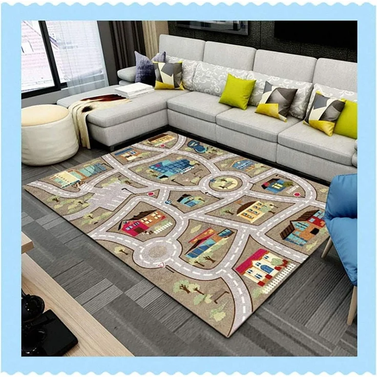 TYKTZXY Kinderteppich Spielen Teppich Straße Auto Tier Universum Blau Grün Grau(140×200cm,55×79inch) – Bild 6