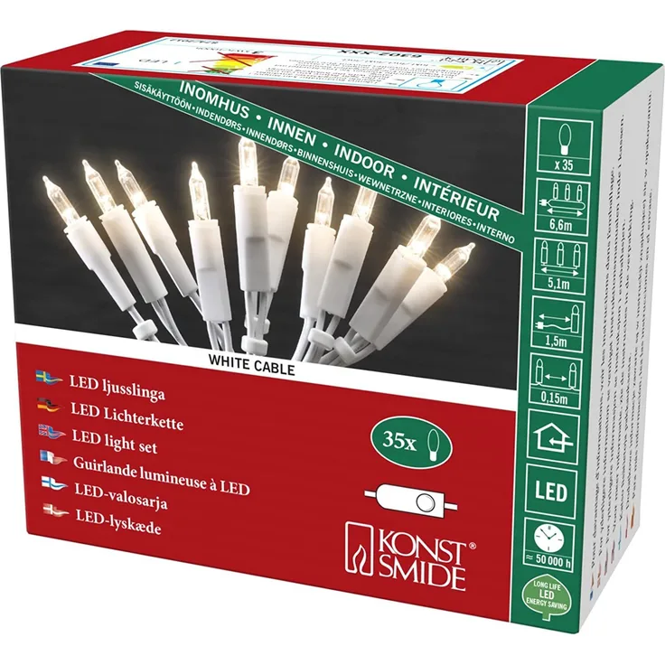 LED Minilichterkette - 35x Warmweiß - 5,10m - Indoor - Weißes Kabel - Schalter