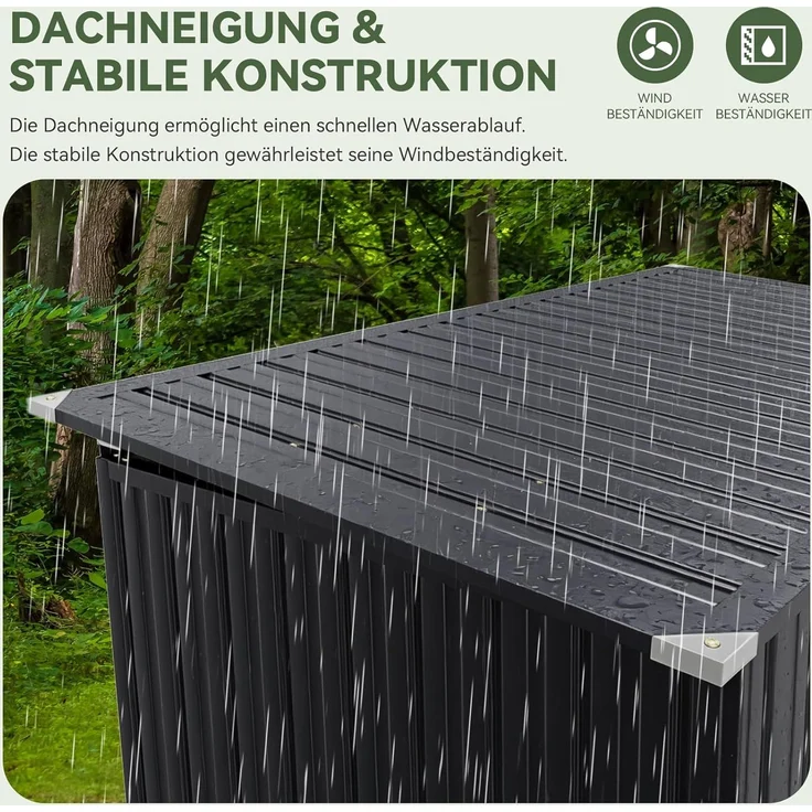 Aoxun 150x117x80cm Metall Gerätehaus, Mülltonnenbox für 2 Tonnen, Wetterfester Gartenschrank mit Kettenzug-Deckel & Gasdruckfeder, zu öffnende Front- & Top-Türen, Schwarz – Bild 4