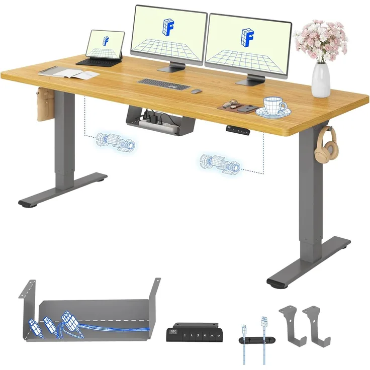 FLEXISPOT Höhenverstellbarer Schreibtisch mit 2 Motoren & 25MM einteiliger Tischplatte,ergonomischer Bürotisch - 180x80 cm Ahorn, graues Gestell
