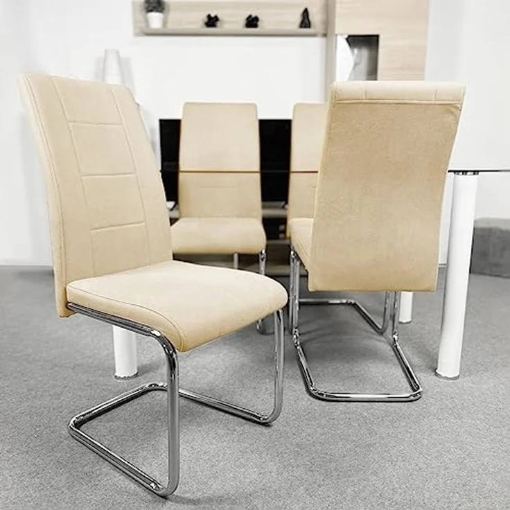 Homey Packung mit 4 gepolsterten Stühlen für Wohnzimmer, Esszimmer, beige, mit verchromten Beinen, Modell Skadi, Aluminium, 42,5 cm (B) x 52 cm (T) x 99 cm (H) – Bild 2