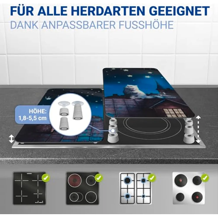 WENKO Herd-Abdeckplatte Universal Modell Moon Cat, Glas, (Set, 2 tlg), Herdabdeckung für alle Herdarten, kratzfest, mit rutschfesten Füßen – Bild 4
