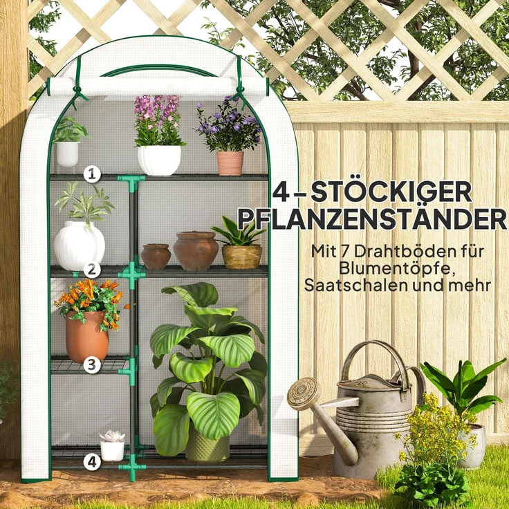 Wohnora-Gewächshaus mit Runddach Tür, Regale, winterfest Foliengewächshaus aus Stahl, Treibhaus für Balkon, Garten, Tomatenhaus 100 x 45 x 160 cm, Tomatengewächshaus für Tomaten, Gemüse, Blumen, Weiß,H 160cm x T 100cm x B 45cm – Bild 4