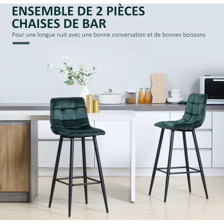MELAYR, Set aus 2 Designer-Barhockern mit gesteppter Samtoberfläche und Stahlbeinen, 77 cm hoch, dunkelgrün, Grün – Bild 6