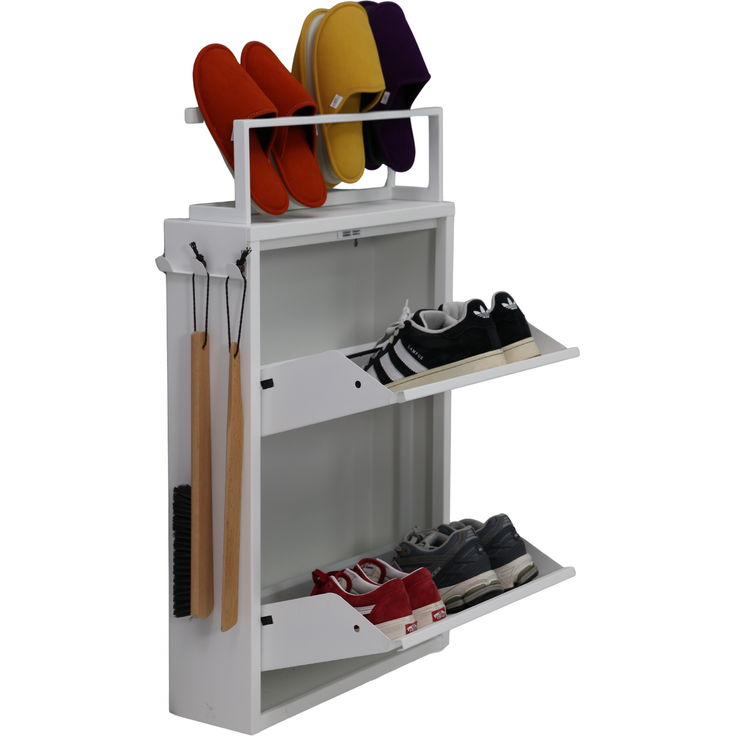 Schuhkipper mit Zubehör, Weiß, 2 Klappen 52x15x85,5 cm, Pantoffelregal, Hakenleiste – Bild 4