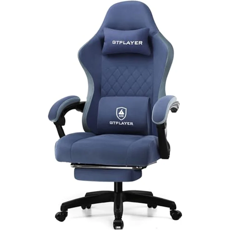 GTPLAYER Gaming Stuhl Ergonomischer Gaming Sessel Schreibtischstuhl mit Stoffoberfläche, Federsitzkissen, Verbindungsarmlehnen und Fußstütze blau – Bild 2
