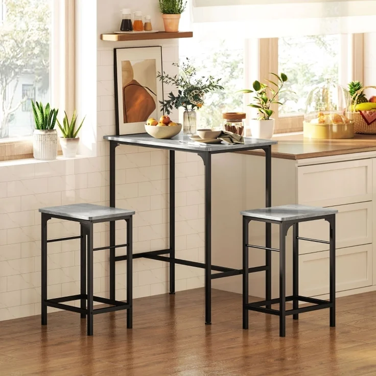 Bartisch Set mit 2 Barhockern, Stehtisch im Industrie Stil, Frühstückstisch mit Metallrahmen für Küche & Hausbar,Grau – Bild 2