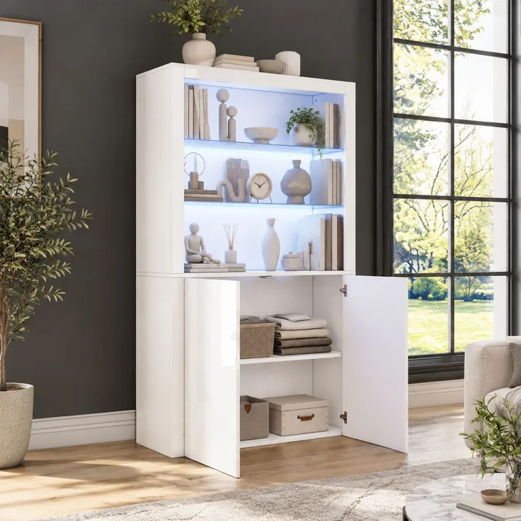 DESVIAE Vitrine mit LED-Beleuchtung und Doppeltürschrank, 100x170x35 cm, MDF und gehärtetes Glas, Weiß