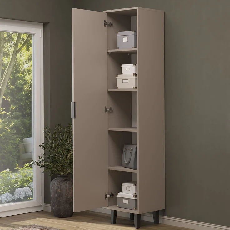 Roomart NORD Hochschrank 199 cm – Flurschrank mit Tür & 5 Fächern – schmal 45 cm – H 199 x B 45 x T 35 cm • Beige – Bild 2