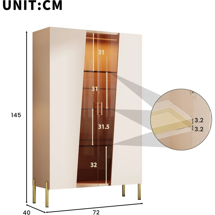 Vitrine 72 x 40 x 145 cm in Beige mit Glastür und mehrfarbiger LED-Beleuchtung – Bild 2
