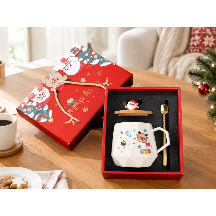 Weihnachtstasse Geschenkset mit Deckel und Löffel Weihnachtsmann Becher Rot 28 x 16 x 23 cm – Bild 2
