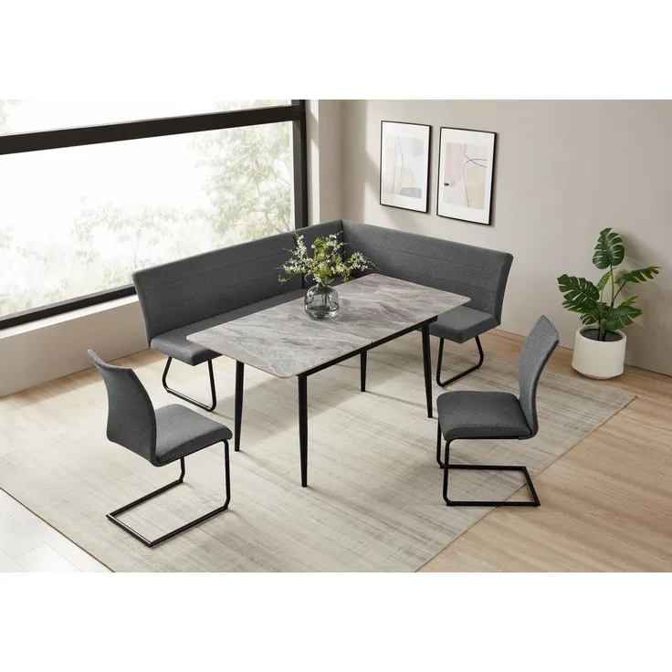 OTTO home Eckbankgruppe Stevian, (Set, 4-tlg, 1 ausziehbarer Esstisch + 1 Eckbank Recamiere links + 2 Stühle), Holz, Strukturstoffbezug, Freischwingerstühle, gesteppten Bänken